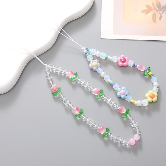 2 PCS Cute Phone Charms ABS Beaded Aesthetic Cellphone Wrist Strap Flower Accessories Anti-Theft Chain String for Bag Keychain Airpods Camera Decor