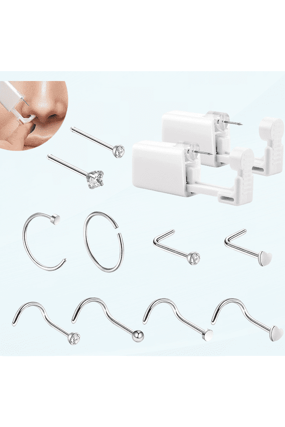 2 PCS Disposable Nose Piercing Tool Set with 10 Nose Studs No Pain Sterile Safety Self Nose Stud Tool Home Piercing Kit Tool White Asepsis Ear Piercing Kit for Girls Women