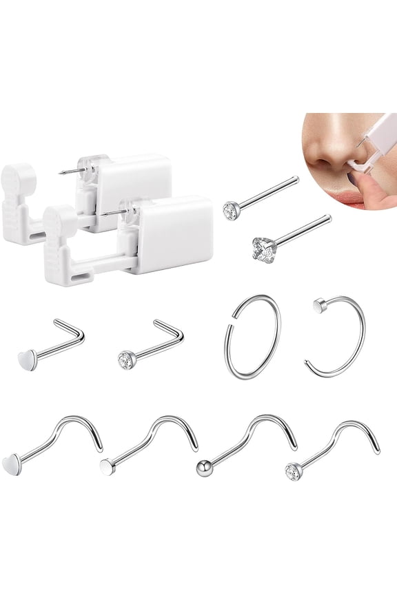 2 PCS Disposable Nose Piercing Tool Set with 10 Nose Studs No Pain Sterile Safety Self Nose Stud Tool Home Piercing Kit Tool White Asepsis Ear Piercing Kit for Girls Women