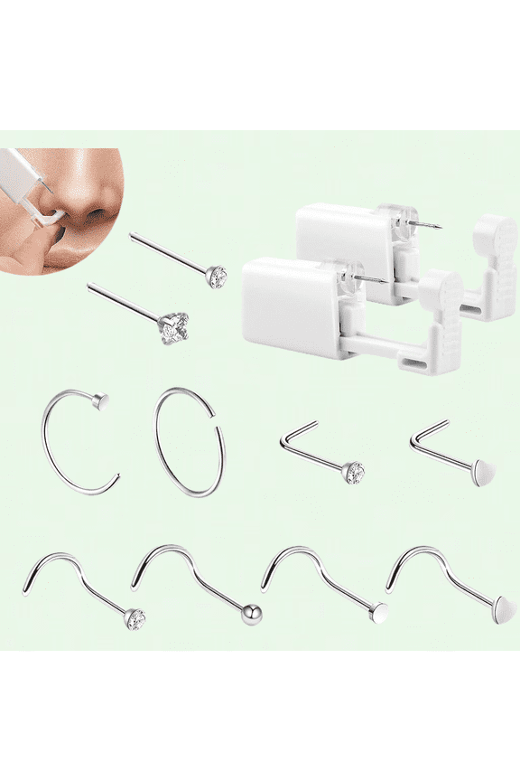 2 PCS Disposable Nose Piercing Tool Set with 10 Nose Studs, Safe and Sterile Home Piercing Kit