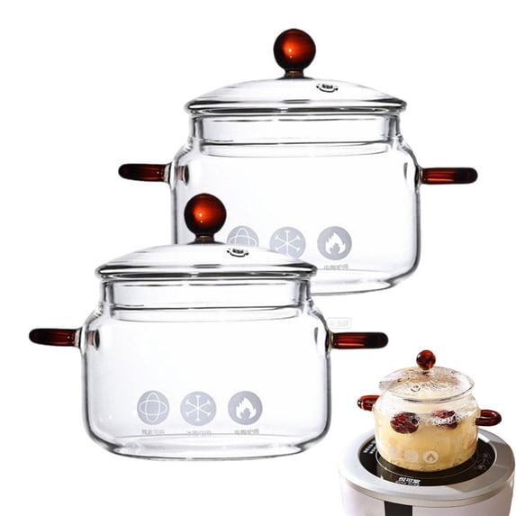 2 PCS Double Ear Glass Stew Pot, Heat Resistant Borosilicate Cookware with Lid, Large Capacity Saucepan for Home Kitchen Cooking