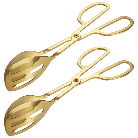 2 PCS Double-Sided Gold Stainless Steel Food Tongs, 9.8 Inches Salad Serving Utensils with Wide Grasping Head, Comfortable Dual Ring Handles, Ideal for Weddings, Parties, and Everyday Use