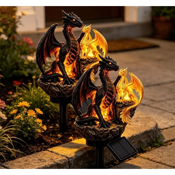 2 PCS Dragon Legacy Golden Ember Edition Solar Garden Light, Limited Fantasy Dragon Solar Garden Statue, Durable Sealed Polyresin Resist Sun Fading & Rain Damage