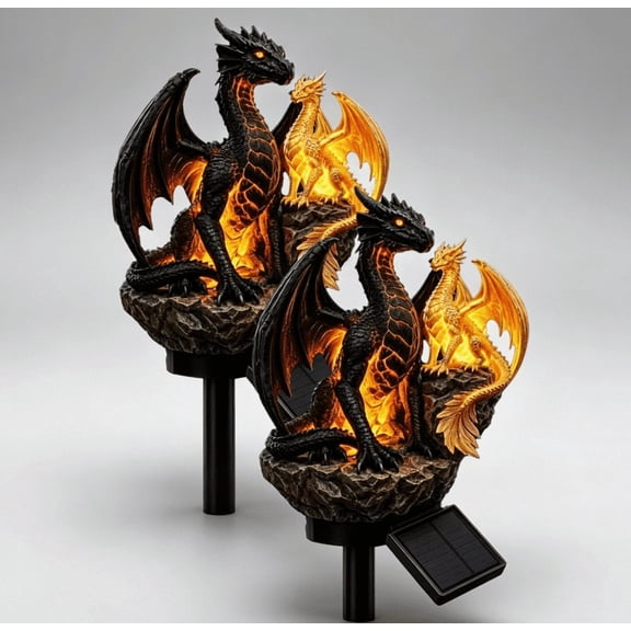 2 PCS Dragon Legacy Golden Ember Edition Solar Garden Light - Outdoor Statue Lamp, Gothic Medieval Fantasy Decor for Halloween, Unique Gift for Dragon Lovers, Ornament Patio(Double Dragon)
