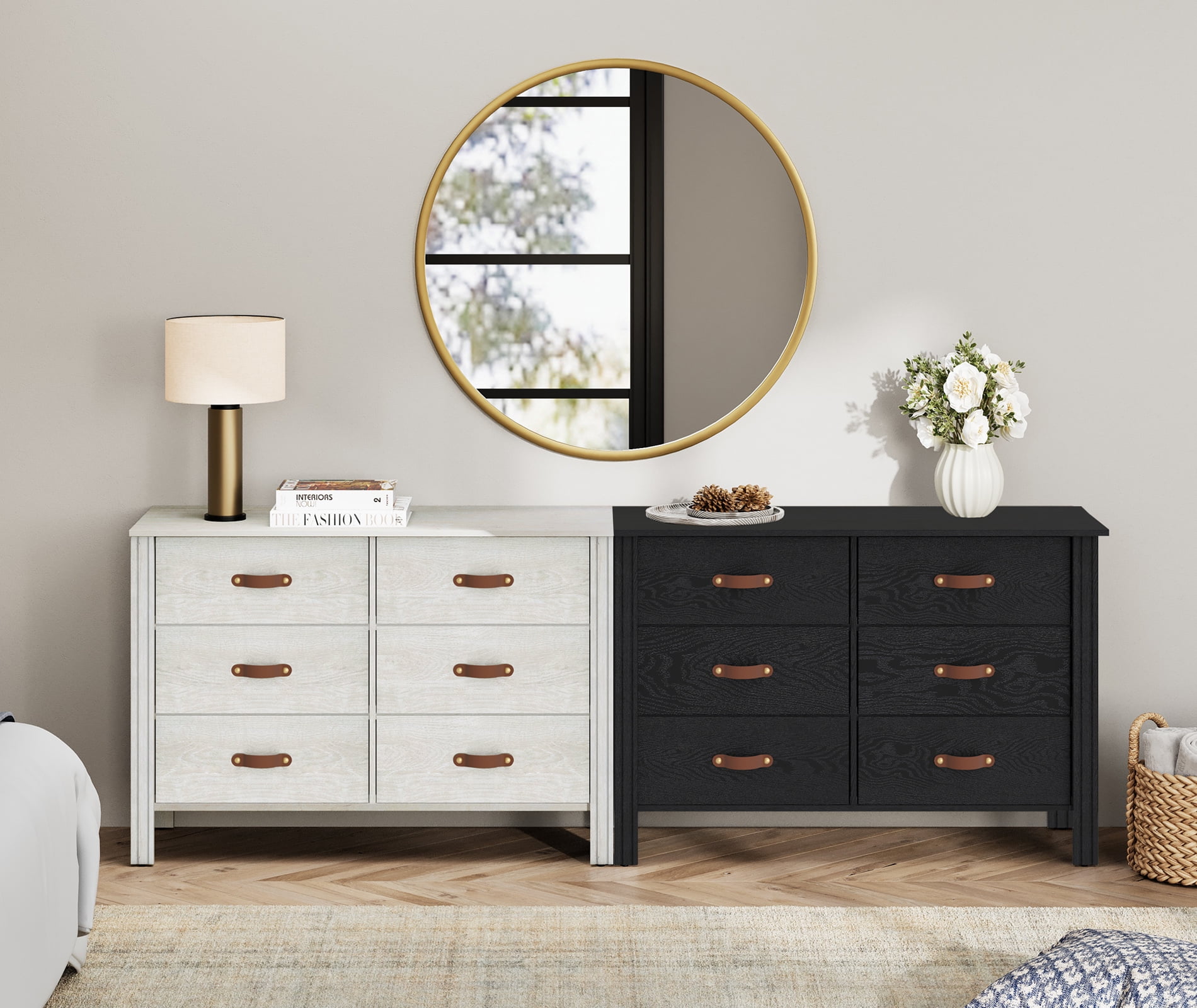 2 PCS Dresser for Bedroom, Large Wooden Dresser with 12 Drawers, Storage Cabinet for Living Room, Black & White
