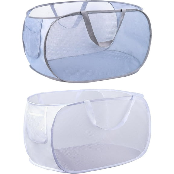 2 PCS Durable Collapsible Laundry Baskets, Mesh Pop Up Laundry Hamper with Side Pocket, Foldable Clothes Storage Hamper with Reinforced Carry Handles for Laundry, Bathroom, Kids Room, Dorm or Travel