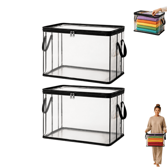 2 PCS Duty Thick Plastic Clear Storage Box with Lid, Stackable Clear Storage Organizer Bin with Reinforced Handles & Zipper Closure for Clothes, Bedding, Moving, Camping & Home Organization