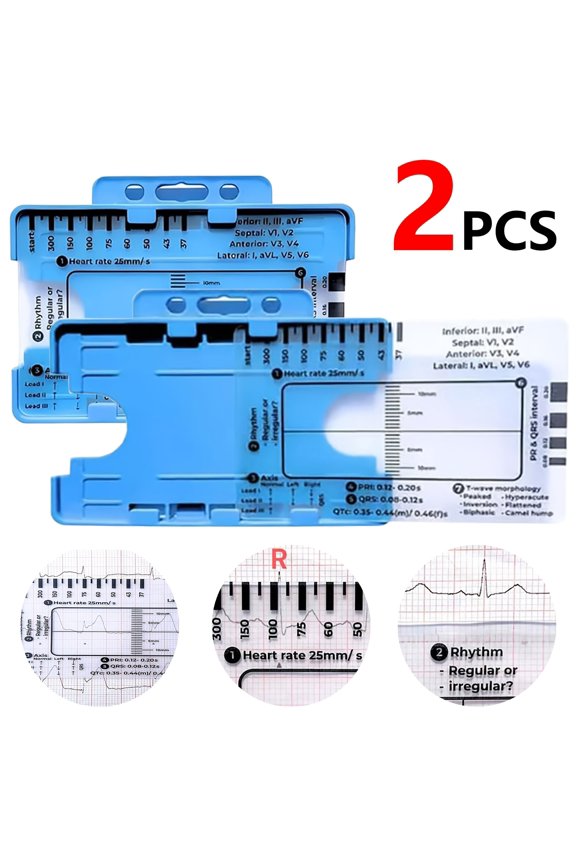 2 PCS ECG 7 Step Ruler, ECG Ruler Plastic Ruler Measuring Tool, ECG 7 Step Ruler for ECG/EKG Interpretation, Transparent EKG Calipers Measuring Tool, Easy-to-Carry ECG Ruler, Follow a 7 Step Plan