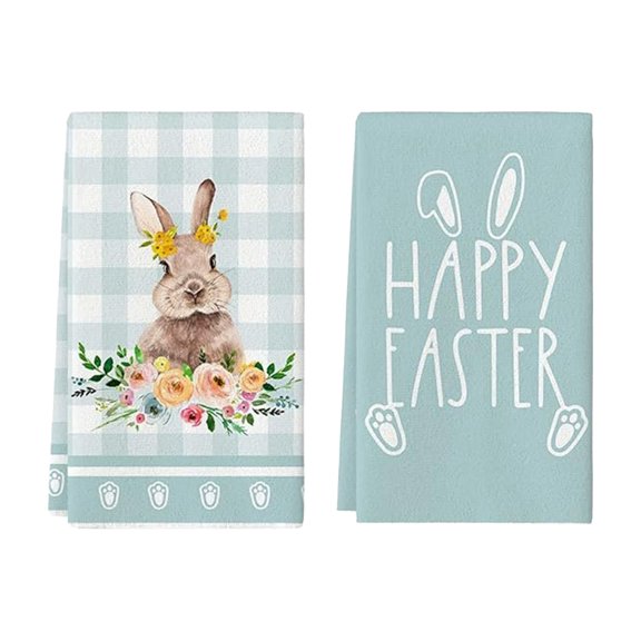 2 PCS Easter Bunny Kitchen Towels  Blue Plaid Decorative Hand Towels for Spring & Holiday, Soft Absorbent Polyester Dishcloths for Cleaning, Drying & Tray Use