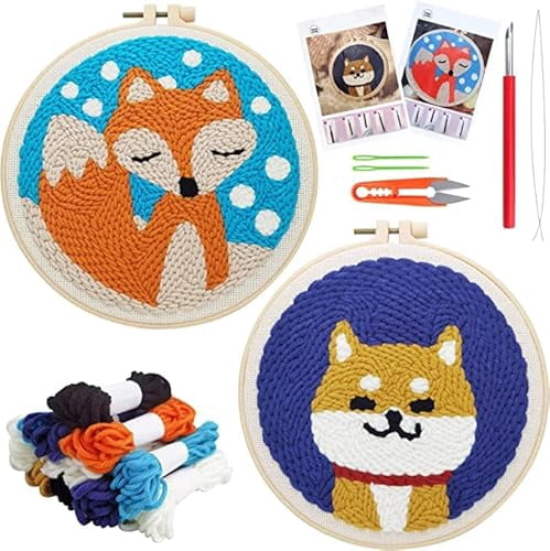 2 PCS Easy Wool DIY Craft Punch Needle Embroidery Kits Fox and Cat Animal Rug for Starter Kits with Stamped Color Pattern with Tool Sets 20x20cm