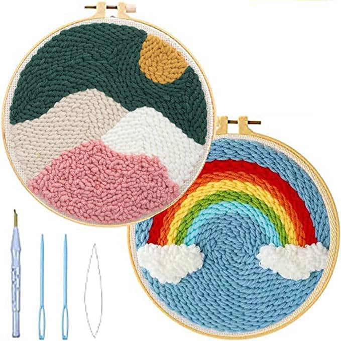 2 PCS Easy Wool DIY Craft Punch Needle Embroidery Kits Mountain & Rainbow Rug for Starter Kits with Stamped Color Pattern with Tool Sets 20x20cm