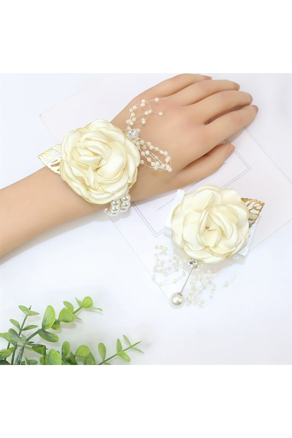 2 PCS Elegant Wrist Flower Corsage Set for Women Premium Simulated Rose & Faux Pearl Bracelet for Wedding, Prom, Anniversary & Special Event Accessories