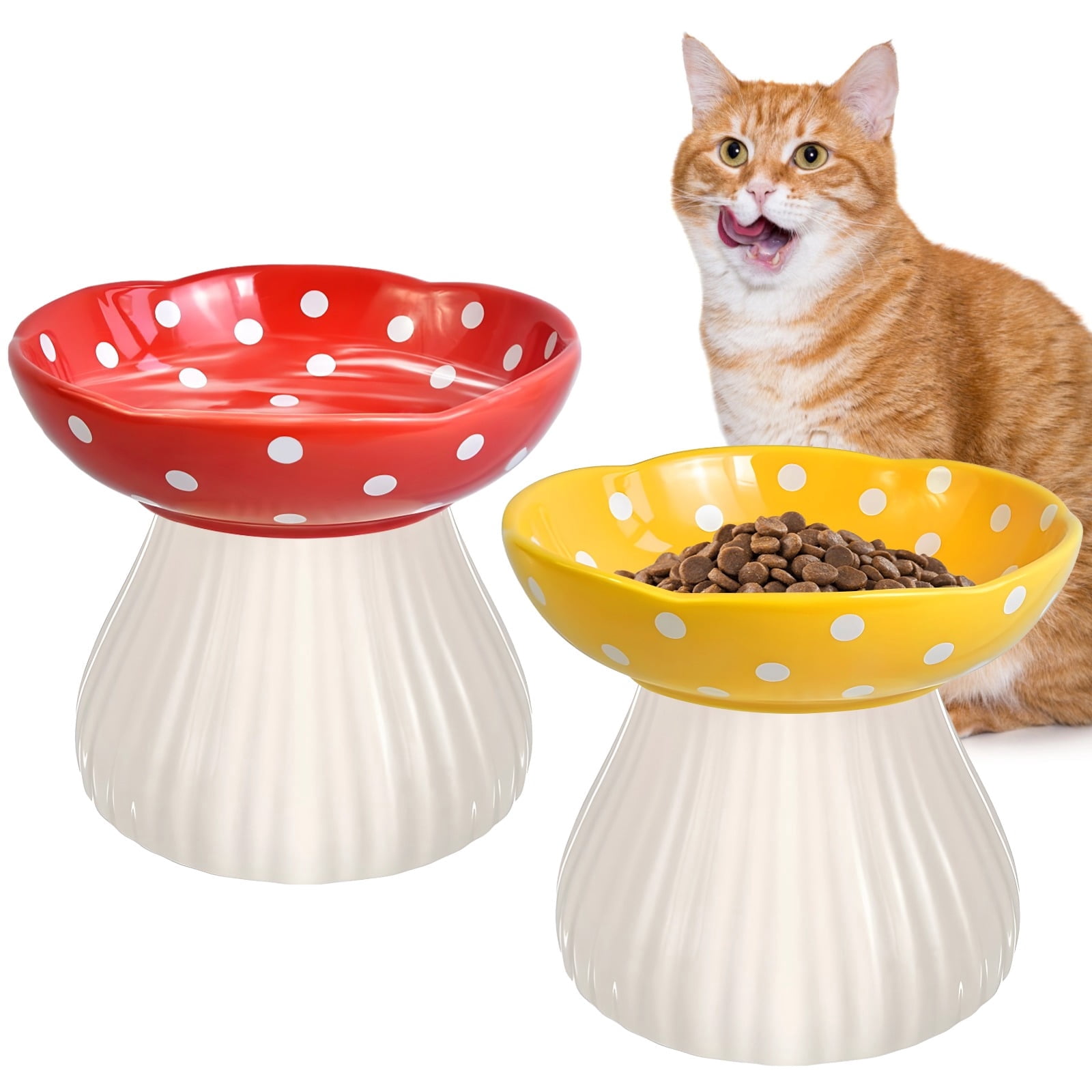 2-Pack Raised Ceramic Mushroom Cat Bowls –  Elevated Shallow Pet Bowls | Whisker Friendly for Food & Water, Red & Yellow