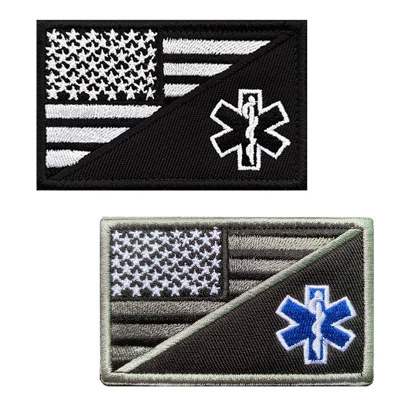 2 PCS Embroidered Flag/EMT Patch with Hook and Loop Fastener for Clothing, Bags, Vests, and More