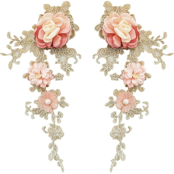 2 PCS Embroidered Patches Iron 3D Lace Applique Sew on Flower Bead Patches Embroidery Floral Motif Beaded Lace Trim Fabric Pearl Appliques for Clothes Dress for DIY