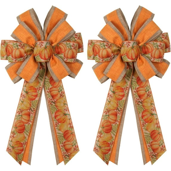 2 - PCS Extra - Large Stunning Fall Bows Set: Perfect Wreath & Tree Topper Bow with Vibrant Orange Sunflower Pattern, 20"x12" Autumn/Halloween Decor for Front Door & Outdoor Holiday Parties
