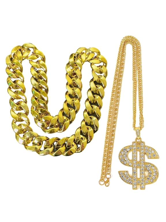 2 PCS Eye Catching Rapper Chains Gold Chain Necklace Fashionable Hip Hop Necklace Unique Accessory for Parties Cosplay