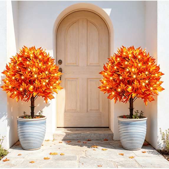 2 PCS Fall Maple Floral Lighted Stake Artificial Topiary Tree 27 Inch Outdoor Ground Stakes UV Resistant Faux Autumn Plant with LED Lights for Porch Garden Halloween Thanksgiving Home Decor Essential