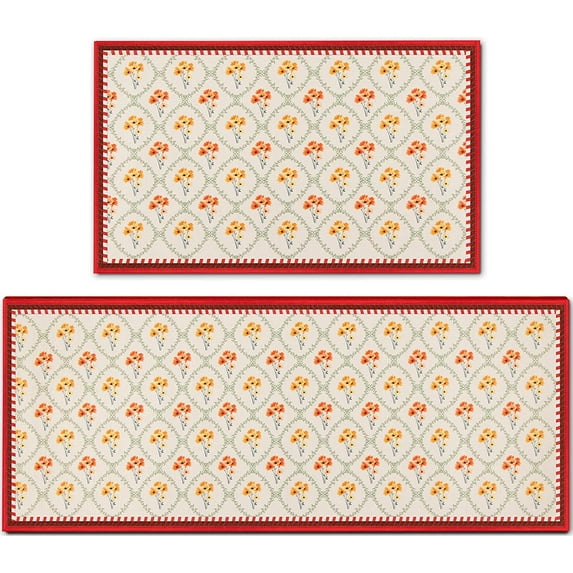 2 PCS Farmhouse Kitchen Mats and Rug Set- Vintage Water Absorb Microfiber Kitchen Rug Non Skid Washable for Bathroom Laundry Room 17"x29.5"+17"x47", Red