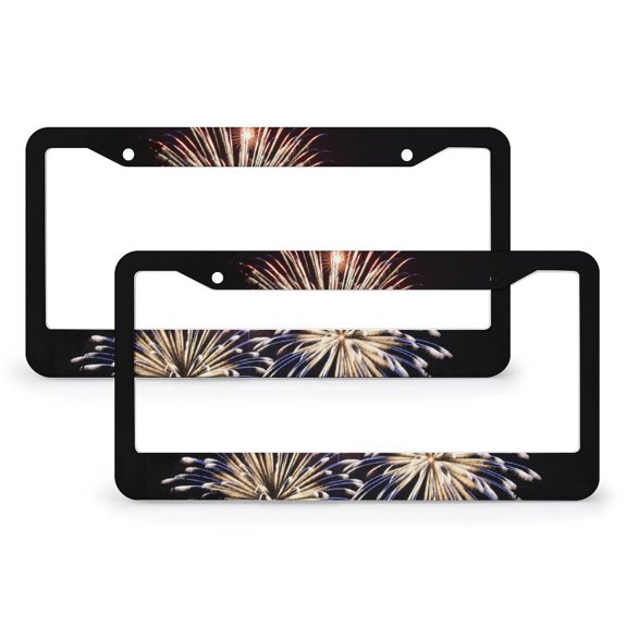 2 PCS Fireworks And Stars Patriotic License Plate Cover Independence Day Licenses Plates Frames Front Licenses Plate Covers Car Tag Frame Aluminum 2 Round Holes for Girl Women Men Vehicles