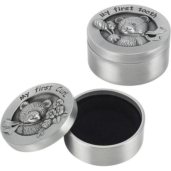 2 PCS My First Curl Tooth Bear Keepsake Box - 1.3inch Inner Size Silver Baby Teeth Collection for Childhood Memory Alloy Tooth Holder and Curl Organizer Set Silver