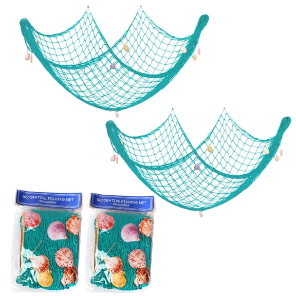 2 PCS Fish Net Decorations with Shells 80x40 in, Coastal Nautical Wall Hanging for Ocean Themed Party, Beach Fishing Net for Bedroom Bathroom Room Decor (Lake green)