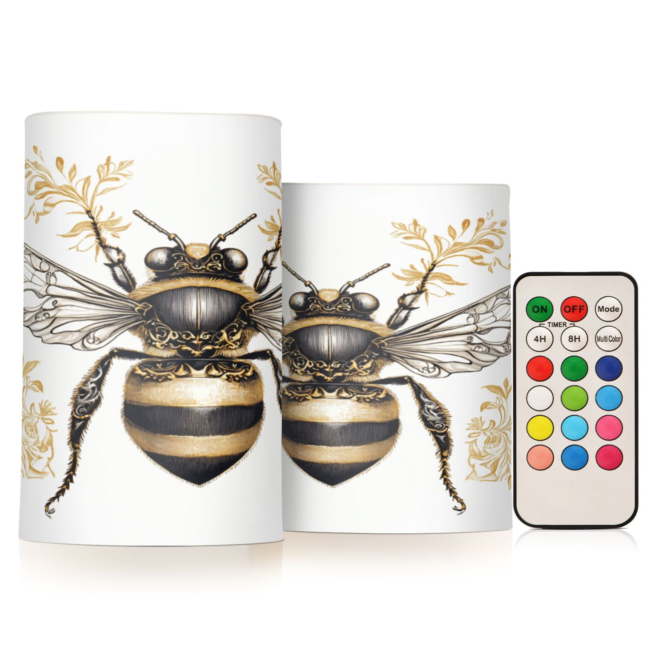 2 PCS Flameless Candles with Remote Timer LED Battery Operated Flickering Candle Light for Wedding Table Home Decoration Gifts Bee with Ornate Patterns