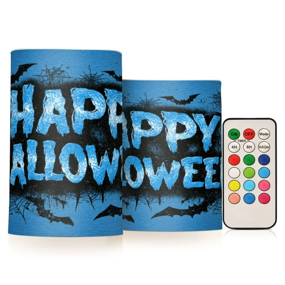 2 PCS Flameless Candles with Remote Timer LED Battery Operated Flickering Candle Light for Wedding Table Home Decoration Gifts Blue Color Happy Halloween