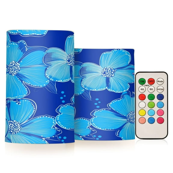 2 PCS Flameless Candles with Remote Timer LED Battery Operated Flickering Candle Light for Wedding Table Home Decoration Gifts Blue Flowers Small Dot Design