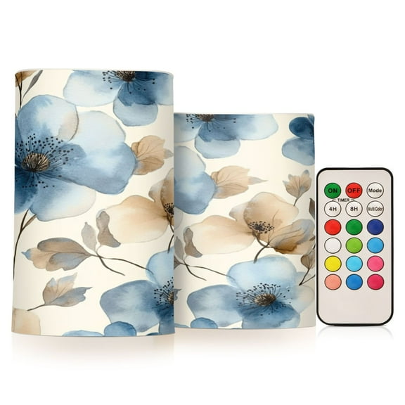 2 PCS Flameless Candles with Remote Timer LED Battery Operated Flickering Candle Light for Wedding Table Home Decoration Gifts Blue Watercolor Flowers