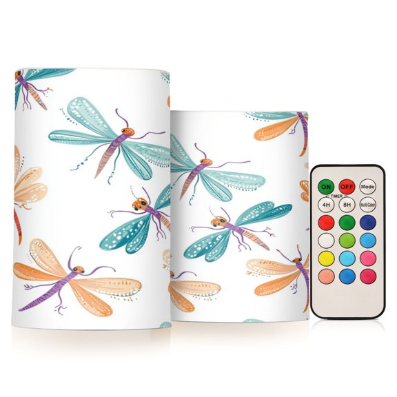 2 PCS Flameless Candles with Remote Timer LED Battery Operated Flickering Candle Light for Wedding Table Home Decoration Gifts Cartoon Dragonflies Pattern