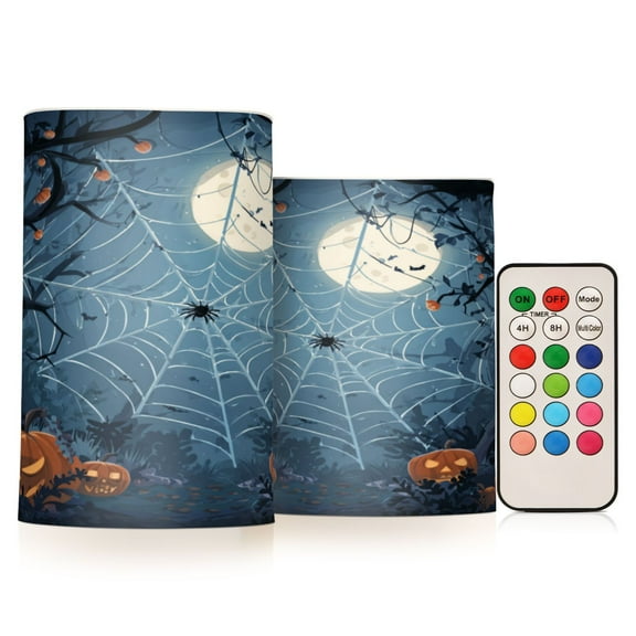 2 PCS Flameless Candles with Remote Timer LED Battery Operated Flickering Candle Light for Wedding Table Home Decoration Gifts Cartoon Style Spider Web