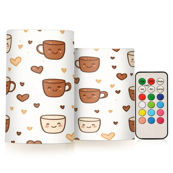 2 PCS Flameless Candles with Remote Timer LED Battery Operated Flickering Candle Light for Wedding Table Home Decoration Gifts Cute Coffee Cup Pattern