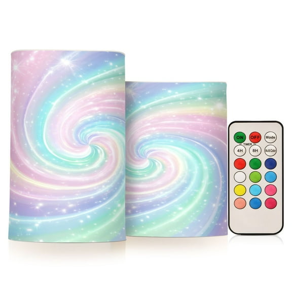 2 PCS Flameless Candles with Remote Timer LED Battery Operated Flickering Candle Light for Wedding Table Home Decoration Gifts Cute Pastel Rainbow Swirl