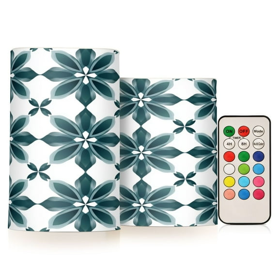 2 PCS Flameless Candles with Remote Timer LED Battery Operated Flickering Candle Light for Wedding Table Home Decoration Gifts Dark Green Geometric Flowers