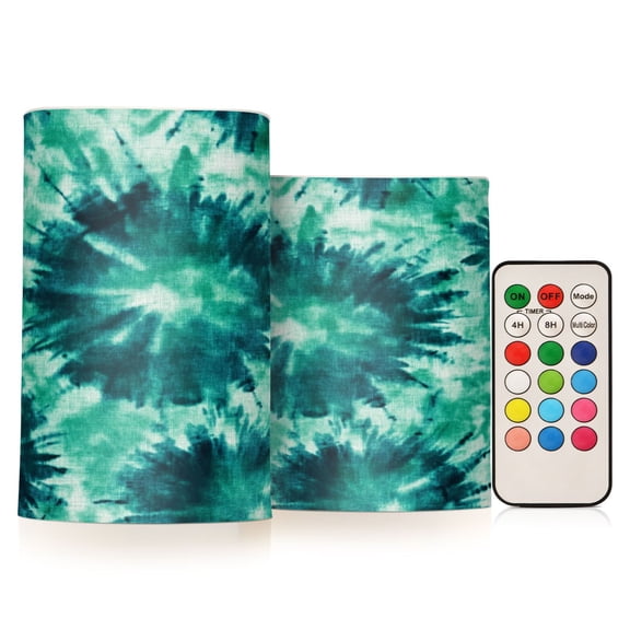 2 PCS Flameless Candles with Remote Timer LED Battery Operated Flickering Candle Light for Wedding Table Home Decoration Gifts Dark Teal Tie-dye Pattern