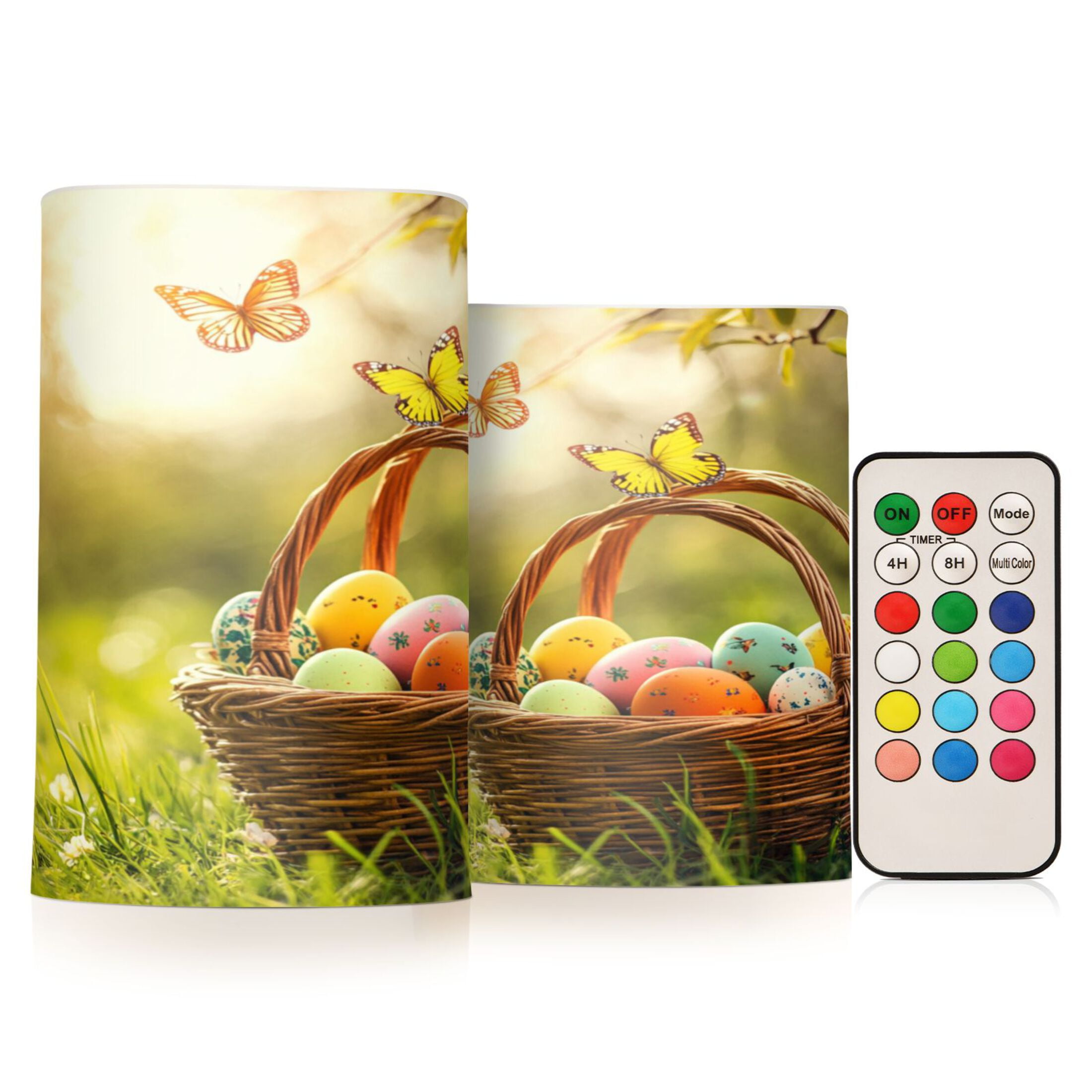 2 PCS Flameless Candles with Remote Timer LED Battery Operated Flickering Candle Light for Wedding Table Home Decoration Gifts Easter Basket with Colorful Eggs
