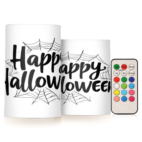 2 PCS Flameless Candles with Remote Timer LED Battery Operated Flickering Candle Light for Wedding Table Home Decoration Gifts Halloween Font and Spider Web