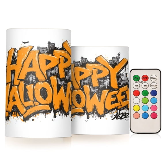 2 PCS Flameless Candles with Remote Timer LED Battery Operated Flickering Candle Light for Wedding Table Home Decoration Gifts Orange Happy Halloween Font