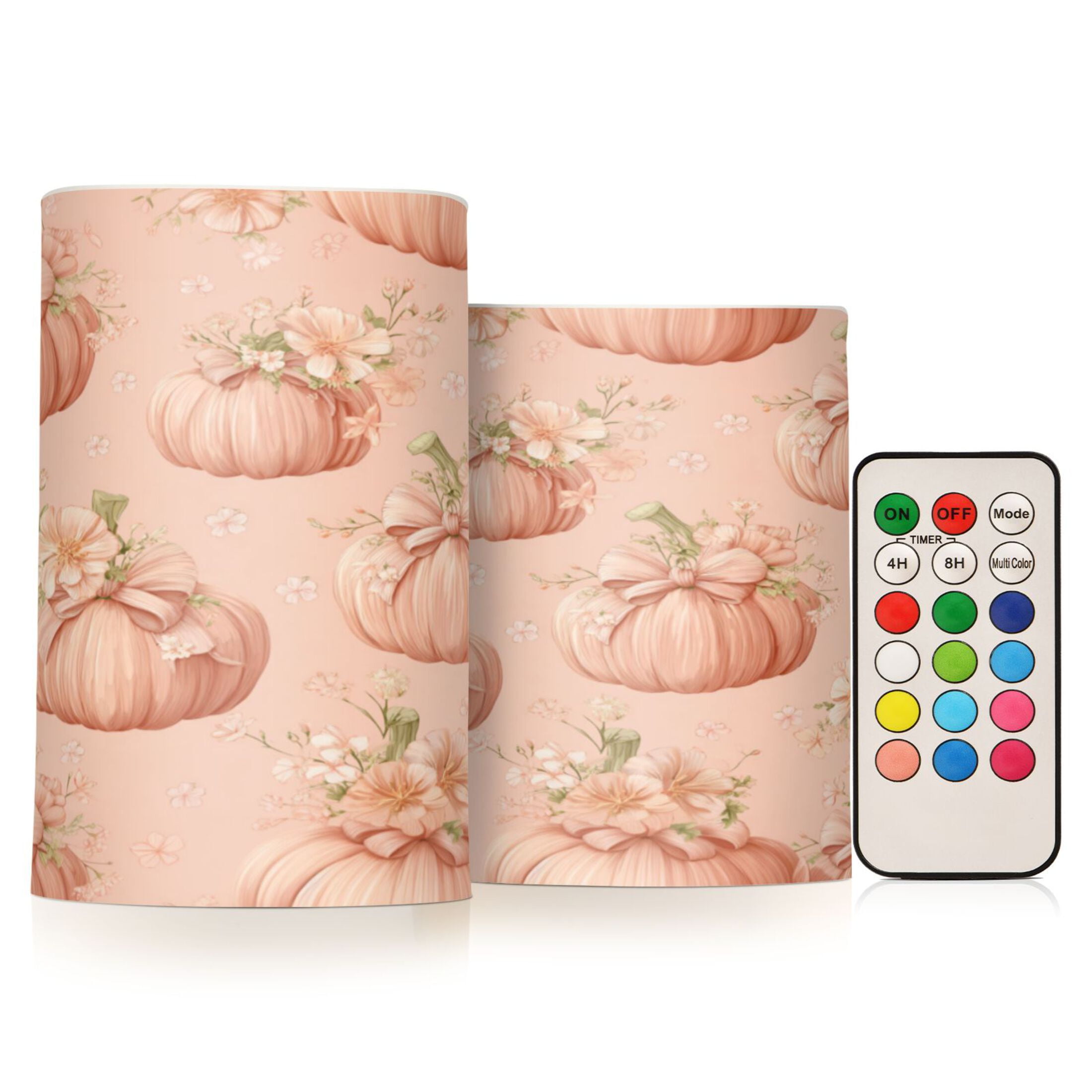 2 PCS Flameless Candles with Remote Timer LED Battery Operated Flickering Candle Light for Wedding Table Home Decoration Gifts Pastel Pink Pumpkins and Flowers