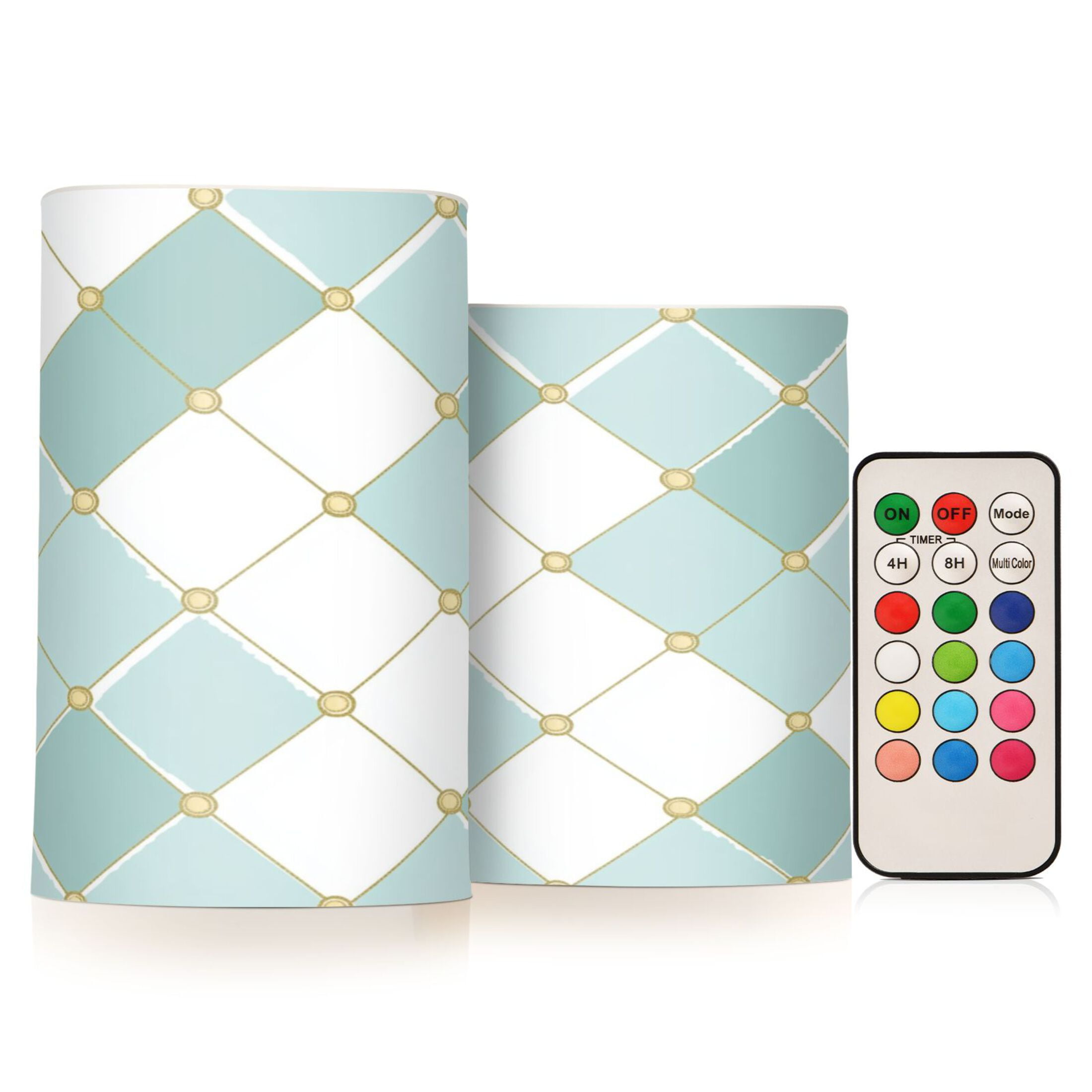 2 PCS Flameless Candles with Remote Timer LED Battery Operated Flickering Candle Light for Wedding Table Home Decoration Gifts Pastel Teal Diamond Plaid