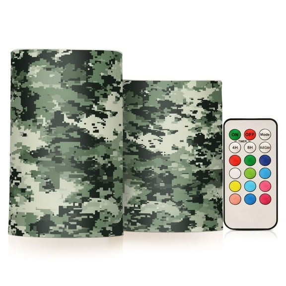 2 PCS Flameless Candles with Remote Timer LED Battery Operated Flickering Candle Light for Wedding Table Home Decoration Gifts Pixelated Camouflage Pattern