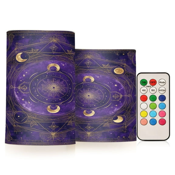 2 PCS Flameless Candles with Remote Timer LED Battery Operated Flickering Candle Light for Wedding Table Home Decoration Gifts Purple Celestial Pattern