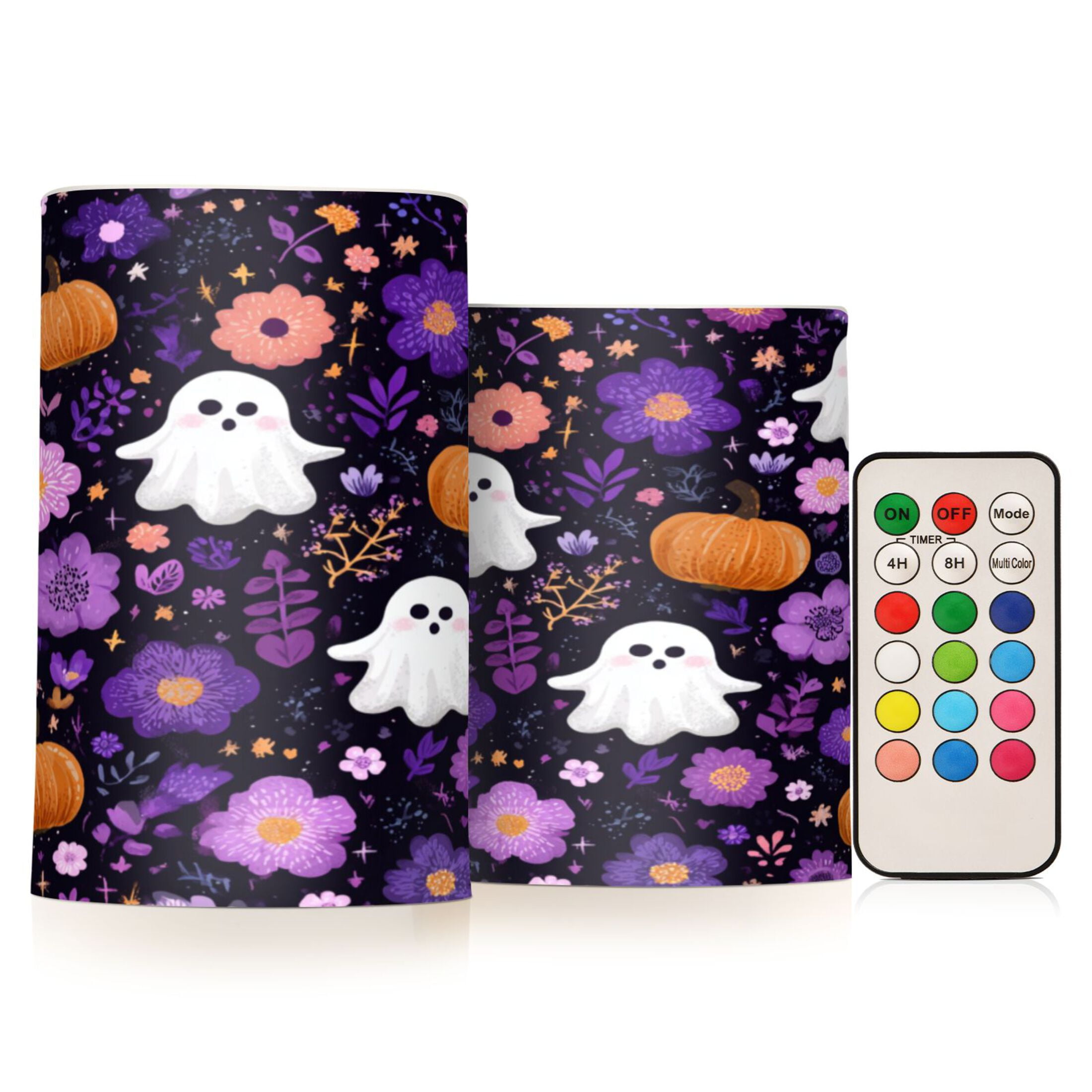 2 PCS Flameless Candles with Remote Timer LED Battery Operated Flickering Candle Light for Wedding Table Home Decoration Gifts Purple Flowers and Pumpkins