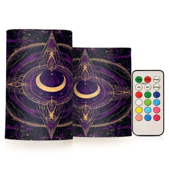 2 PCS Flameless Candles with Remote Timer LED Battery Operated Flickering Candle Light for Wedding Table Home Decoration Gifts Purple Mystical Pattern