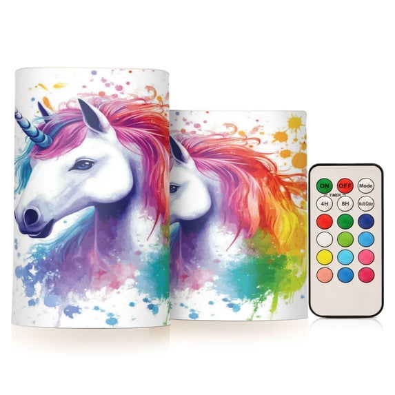 2 PCS Flameless Candles with Remote Timer LED Battery Operated Flickering Candle Light for Wedding Table Home Decoration Gifts Rainbow-colored Unicorn
