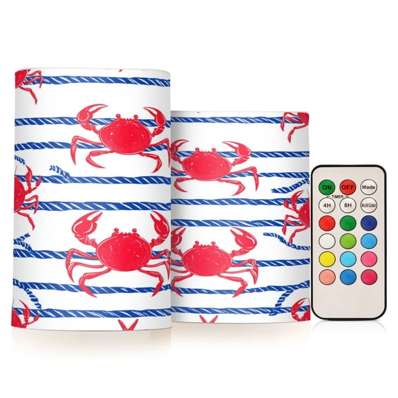 2 PCS Flameless Candles with Remote Timer LED Battery Operated Flickering Candle Light for Wedding Table Home Decoration Gifts Red Crabs and Blue Stripes