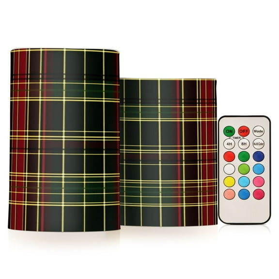 2 PCS Flameless Candles with Remote Timer LED Battery Operated Flickering Candle Light for Wedding Table Home Decoration Gifts Red and Green Tartan Plaid