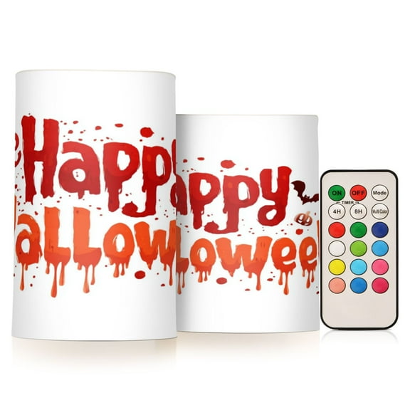 2 PCS Flameless Candles with Remote Timer LED Battery Operated Flickering Candle Light for Wedding Table Home Decoration Gifts Red Happy Halloween Font