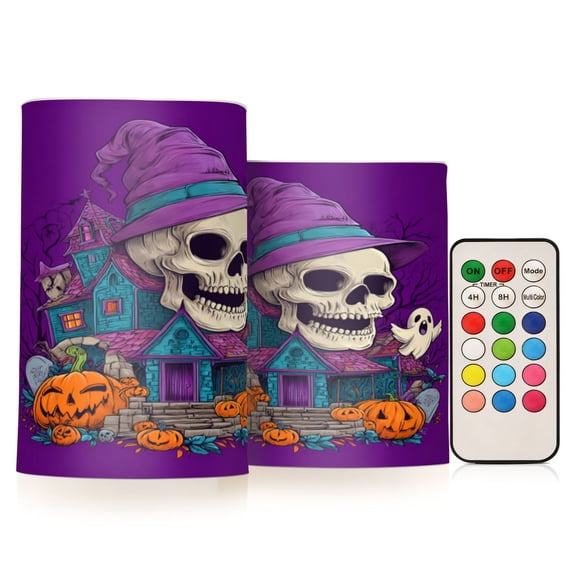 2 PCS Flameless Candles with Remote Timer LED Battery Operated Flickering Candle Light for Wedding Table Home Decoration Gifts Smiling Skull Wearing Witch Hat